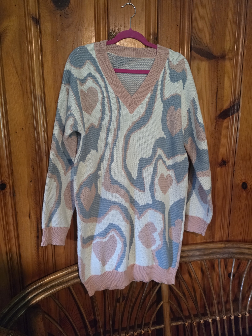 SHEIN V-Neck Heart & Swirl Knit Dress in Cream, Dusty Pink & Sage